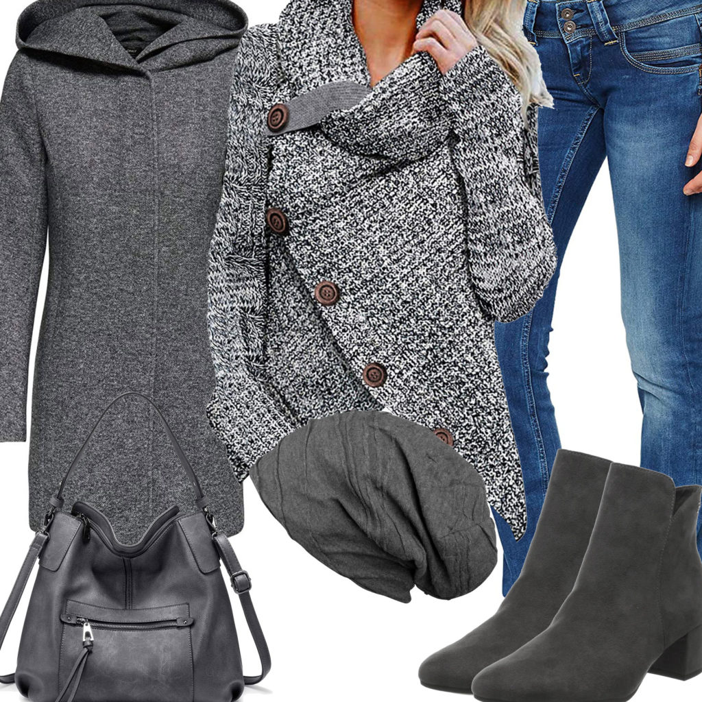 Graues Frauenoutfit mit Mantel, Pullover und Mütze