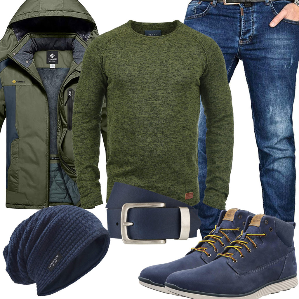 Blau-Grünes Herrenoutfit mit Jacke, Pullover und Jeans