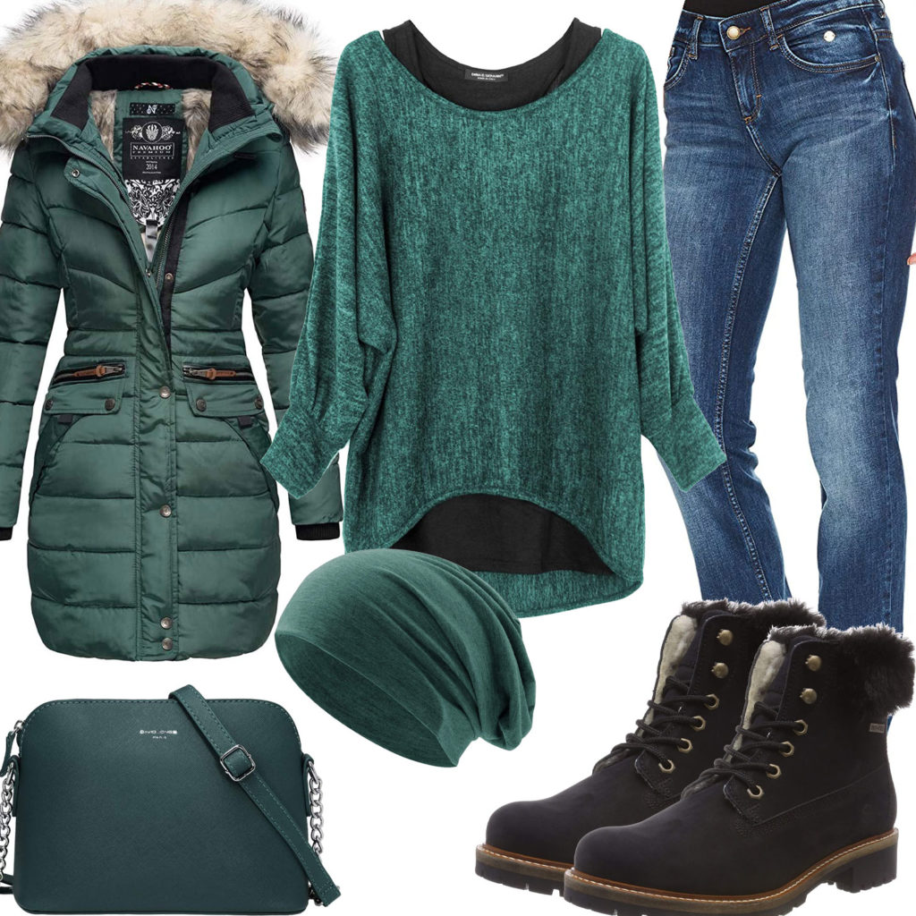 Grünes Winter-Frauenoutfit mit Steppjacke und Mütze