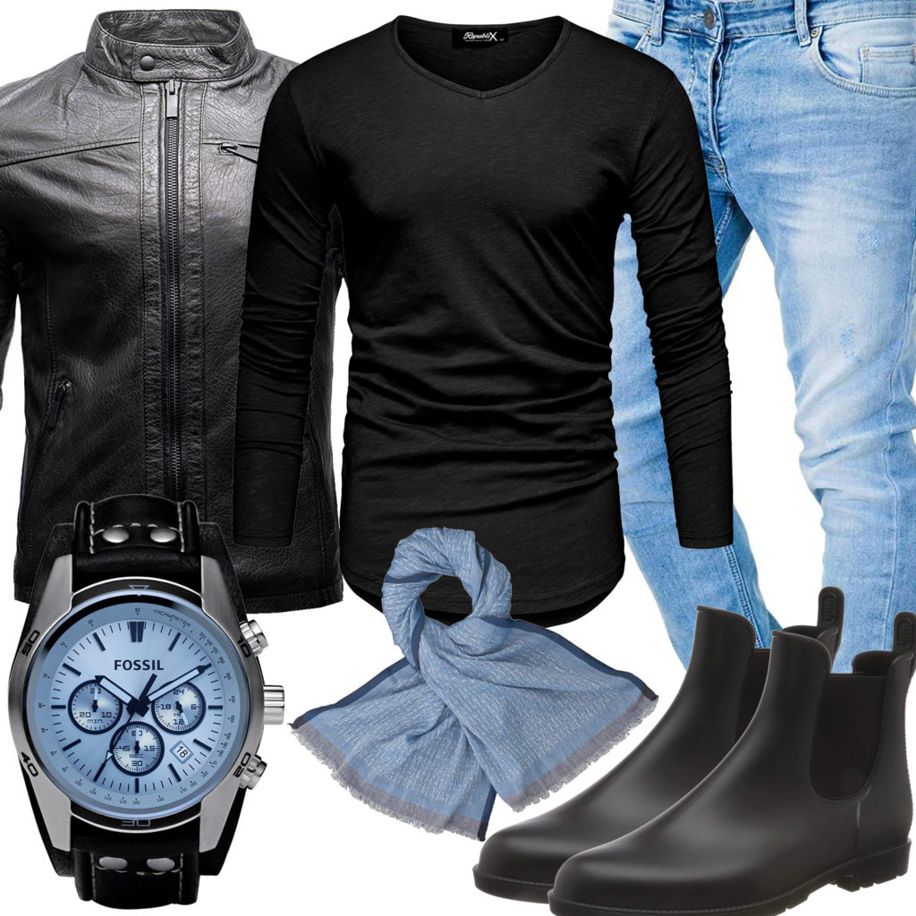 Schwarz-Hellblaues Herrenoutfit mit Lederjacke und Jeans