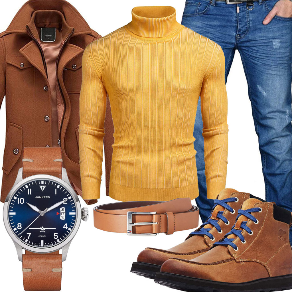 Herren-Style mit hellbrauner Jacke, Stiefeln und Gürtel