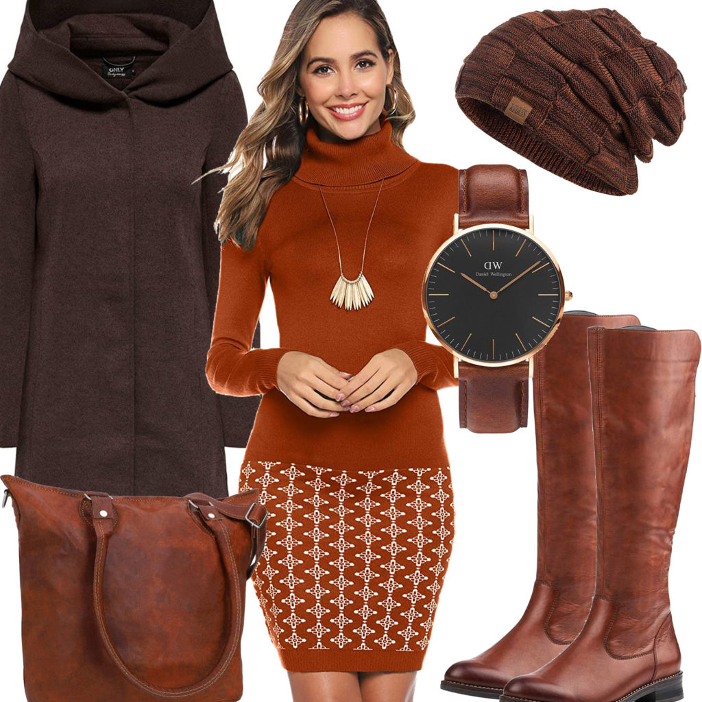 Braunes Herbst-Frauenoutfit mit Strickkleid und Mantel