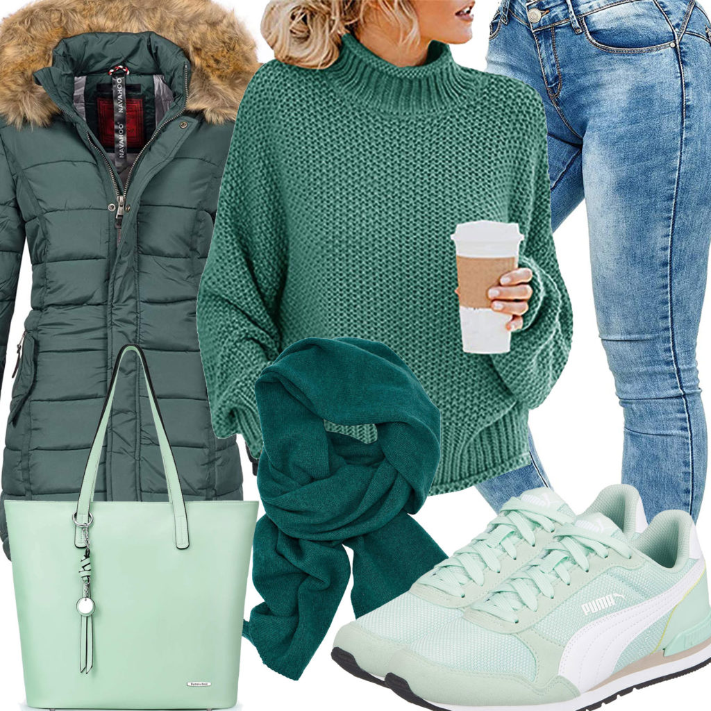 Winter-Frauenoutfit in Mintgrün und Dunkelgrün