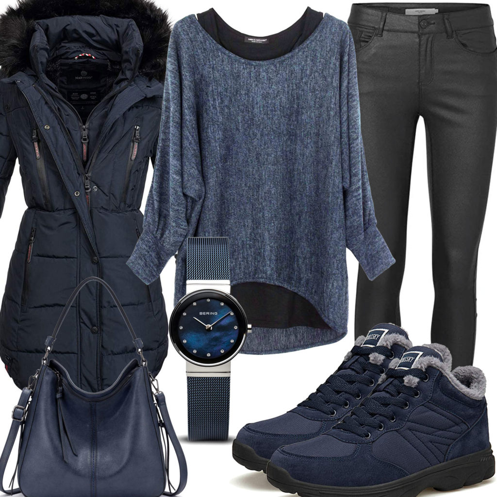 Blau-Schwarzes Frauenoutfit mit Pullover und Winterjacke