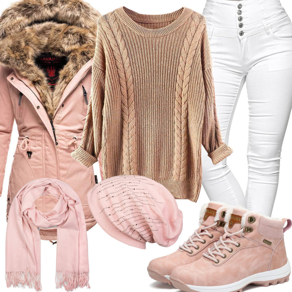Rosa Frauenoutfit mit Pullover, Winterjacke und Schal