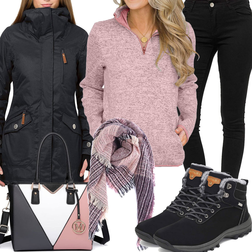 Warmes Winter-Frauenoutfit mit rosa Schal und Pullover