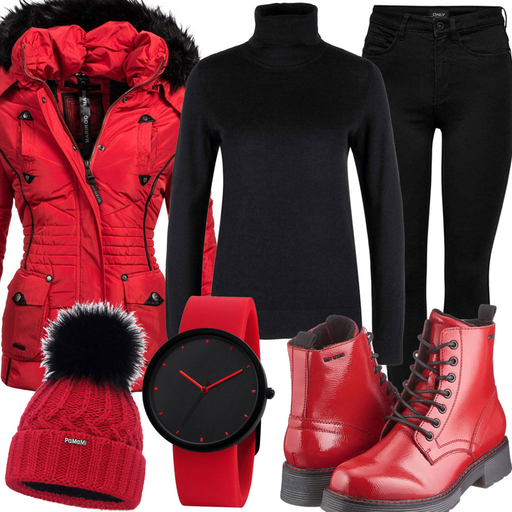 Schwarz-Rotes Damenoutfit mit Winterjacke und Stiefeln