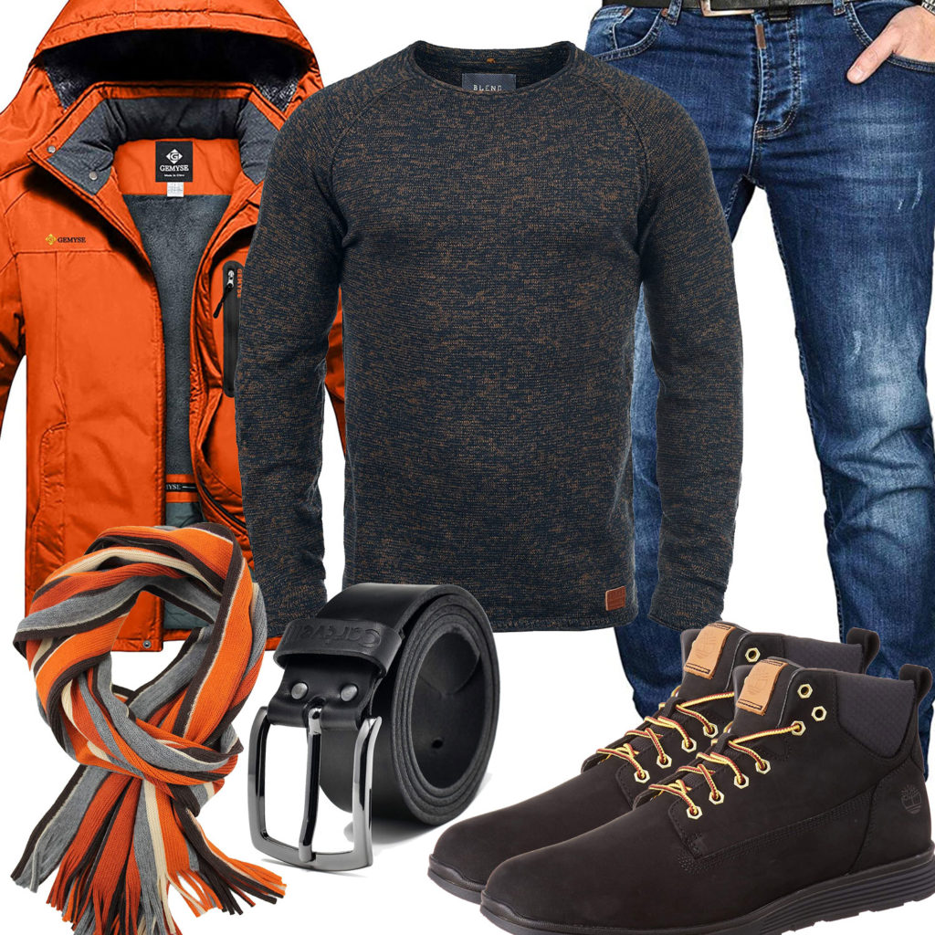 Orange-Schwarzes Herrenoutfit mit Schal und Stiefeln
