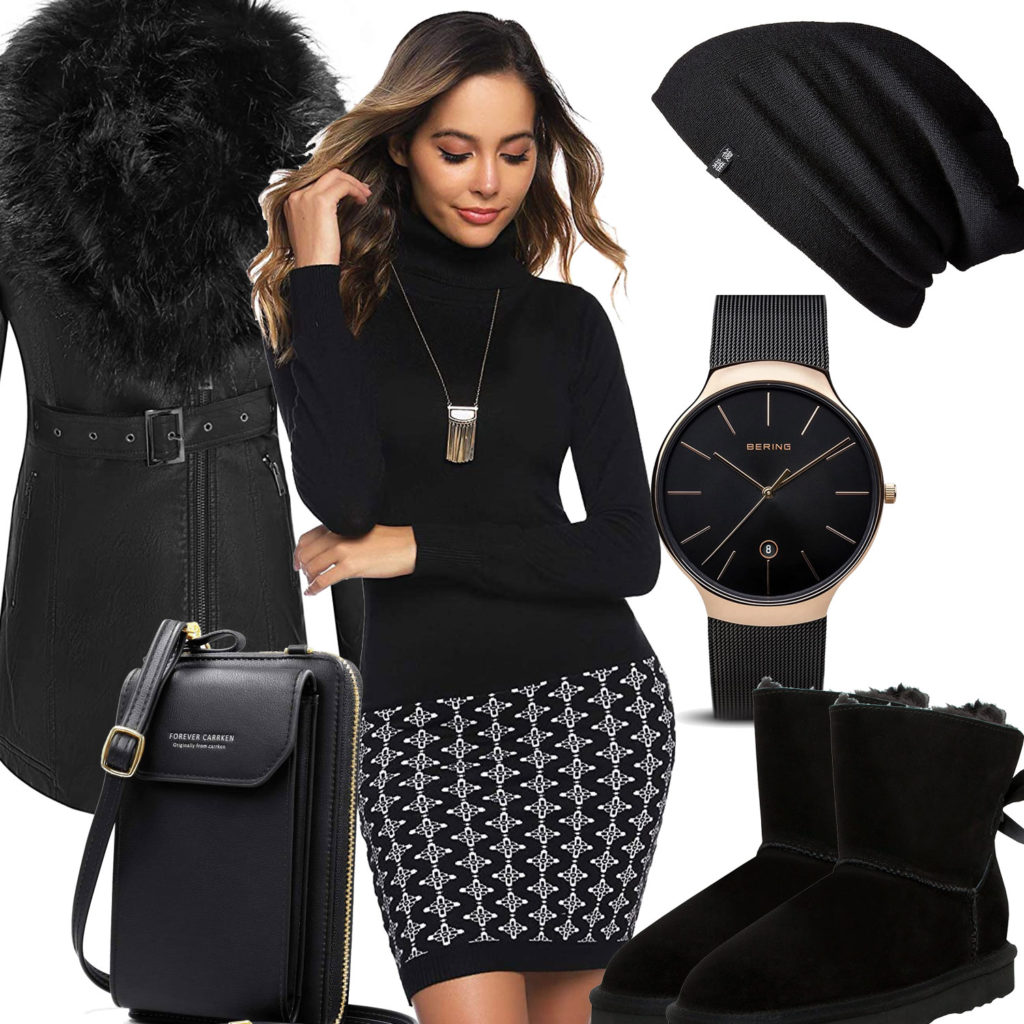 Schwarzes Frauenoutfit mit Strickkleid, Jacke und Stiefeln