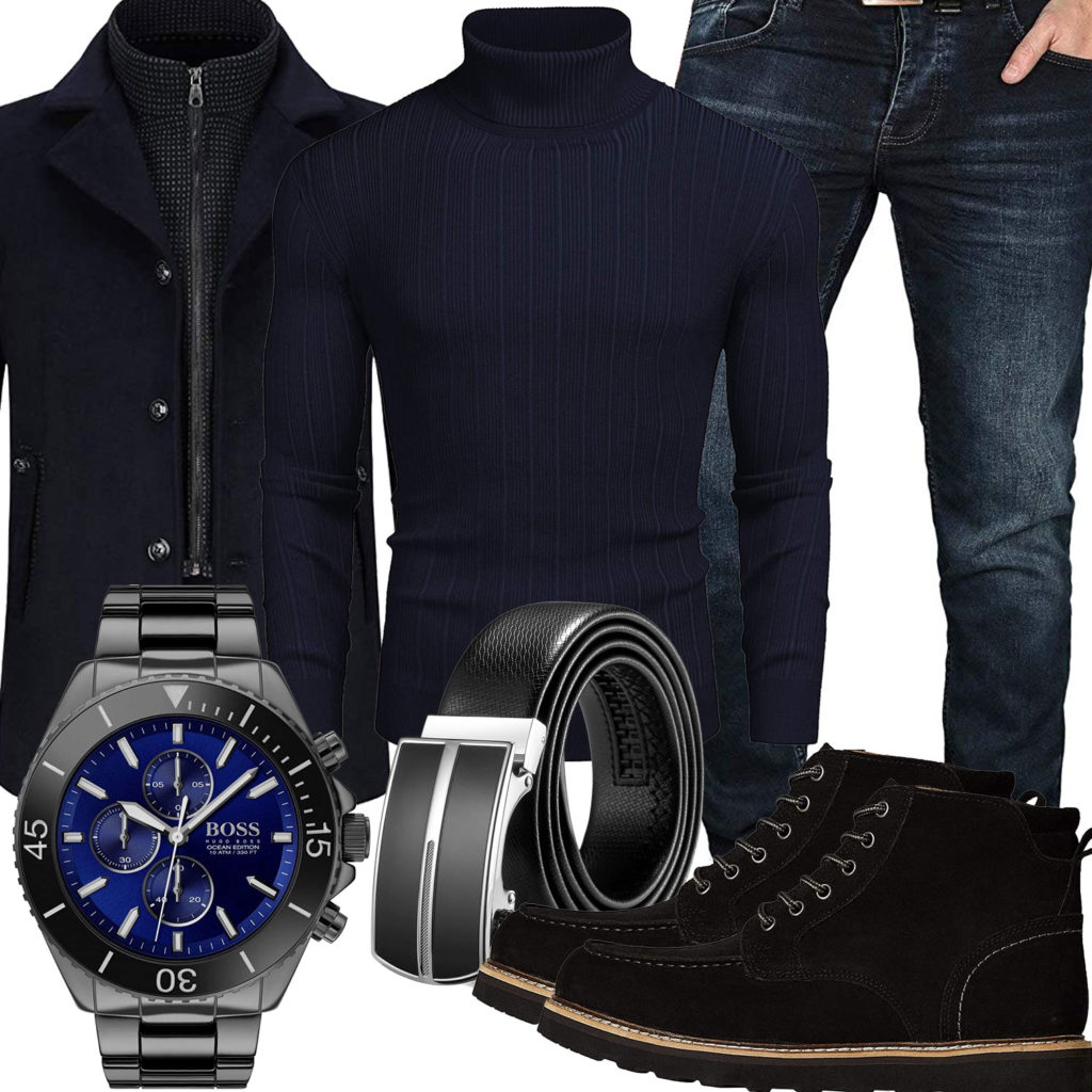 Blau-Schwarzes Herrenoutfit mit Jacke, Jeans und Pullover