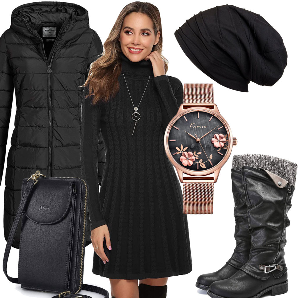 Schwarzes Frauenoutfit mit Strickkleid, Stiefeln und Mantel