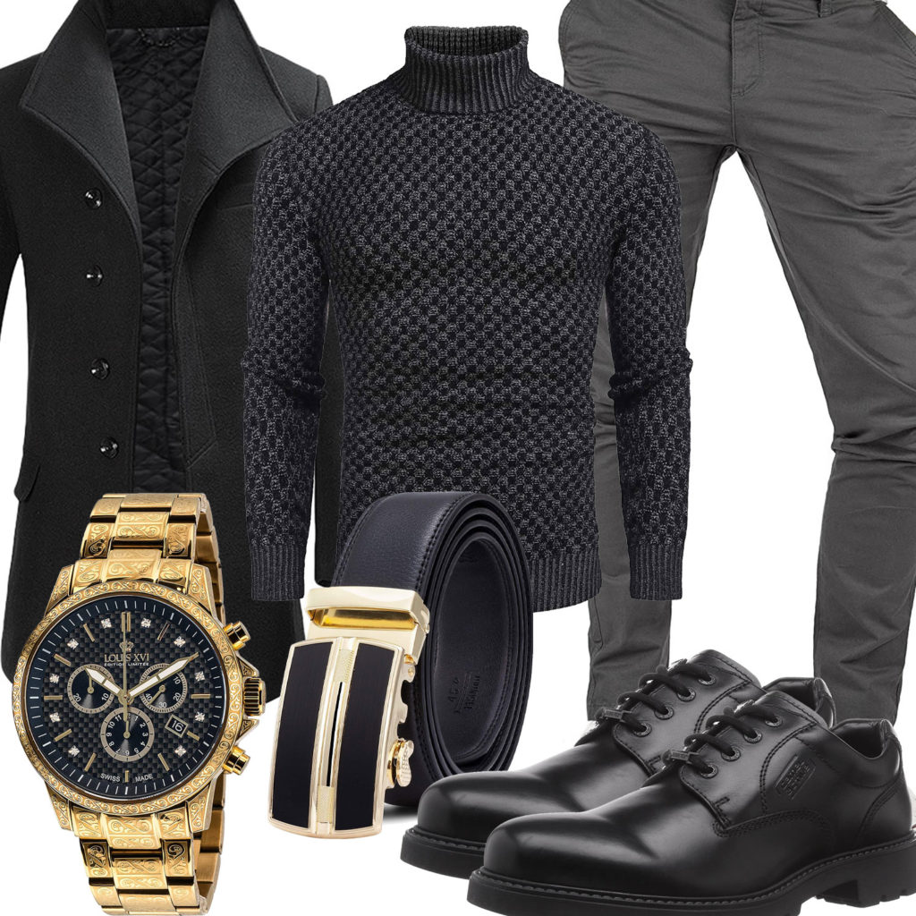 Schwarz-Goldenes Herrenoutfit mit Mantel und Pullover