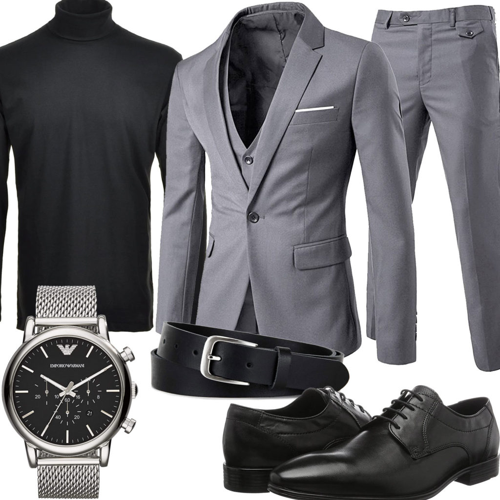 Business-Herrenoutfit mit grauem Anzug und Armbanduhr