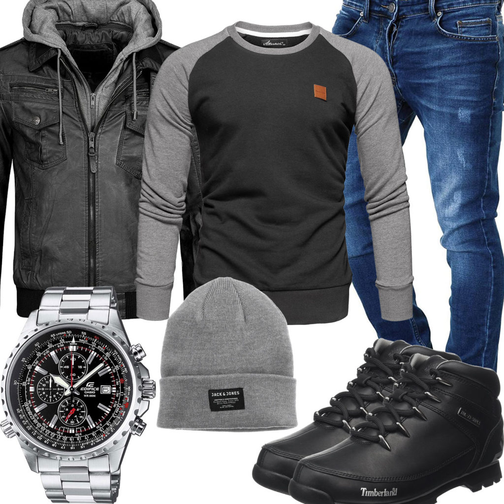 Schwarz-Graues Herrenoutfit mit Lederjacke, Pullover und Stiefeln