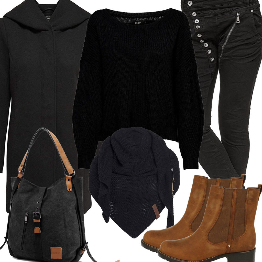 Schwarzes Winter-Frauenoutfit mit Schal und Stiefeln