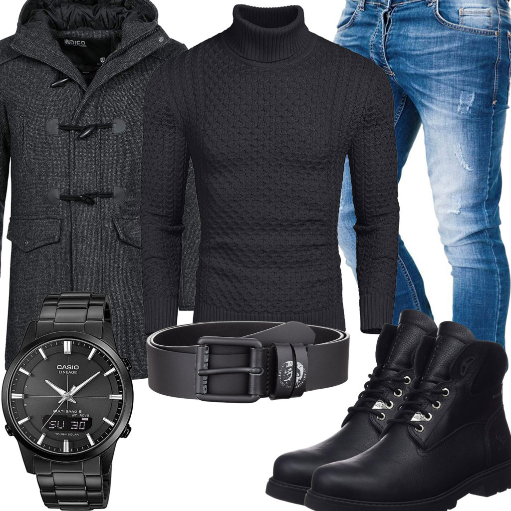 Schwarzes Herrenoutfit mit Pullover, Mantel und Stiefeln