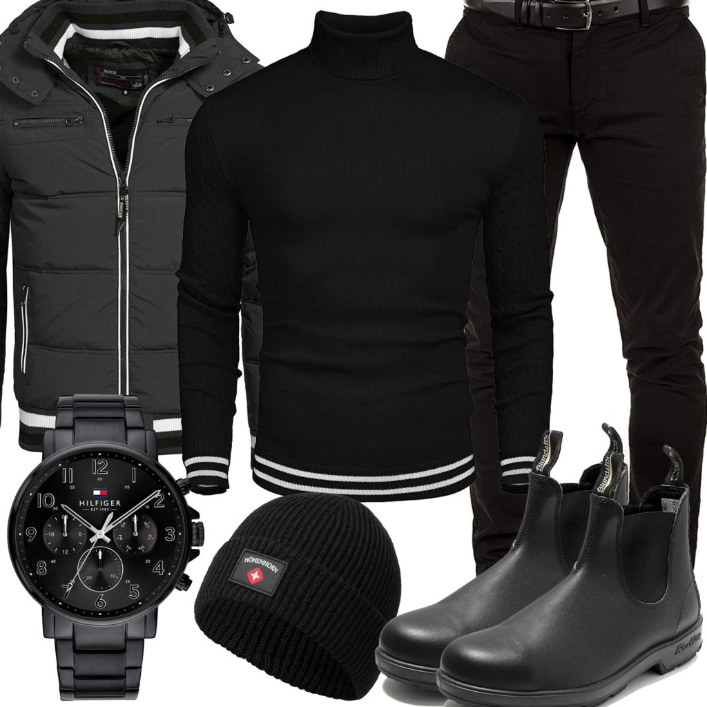 Schwarzes Herrenoutfit mit Pullover, Steppjacke und Mütze