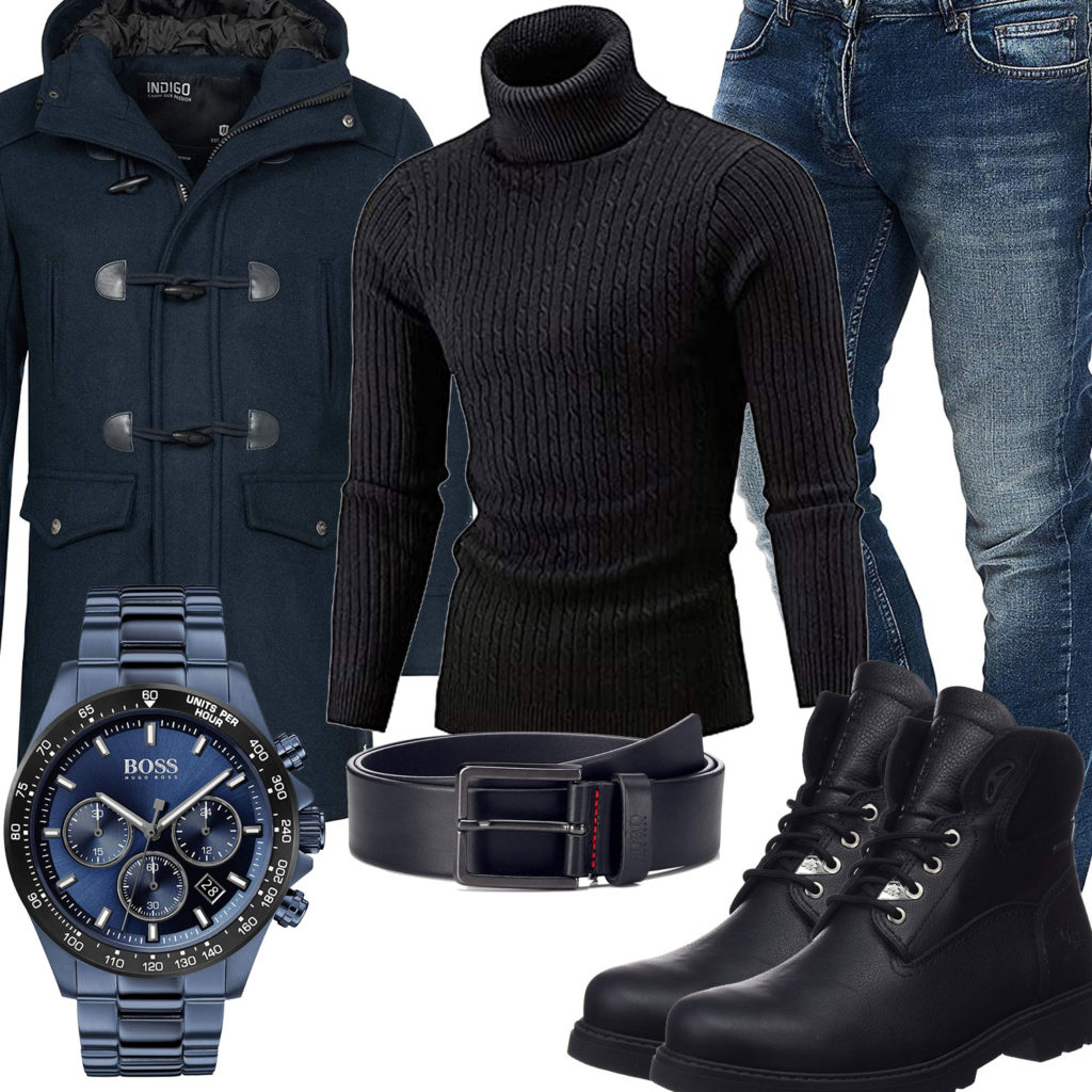Schwarz-Blaues Herrenoutfit mit Mantel und Pullover