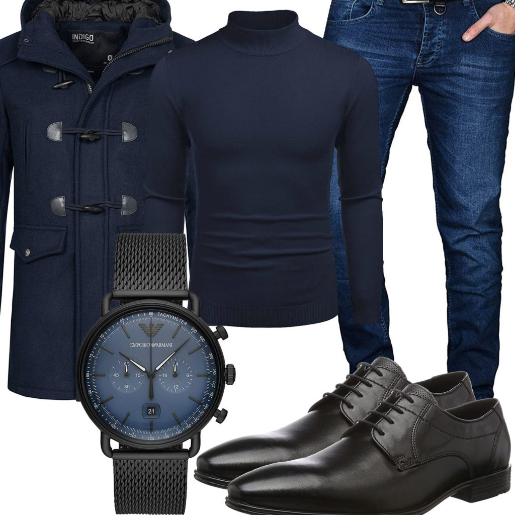 Dunkelblauer Business-Style mit Mantel und Pullover