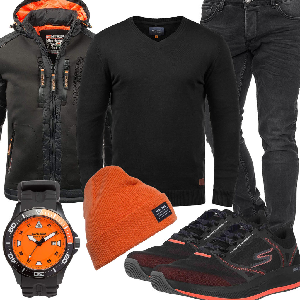 Orange-Schwarze Herrenoutfit mit warmer Steppjacke