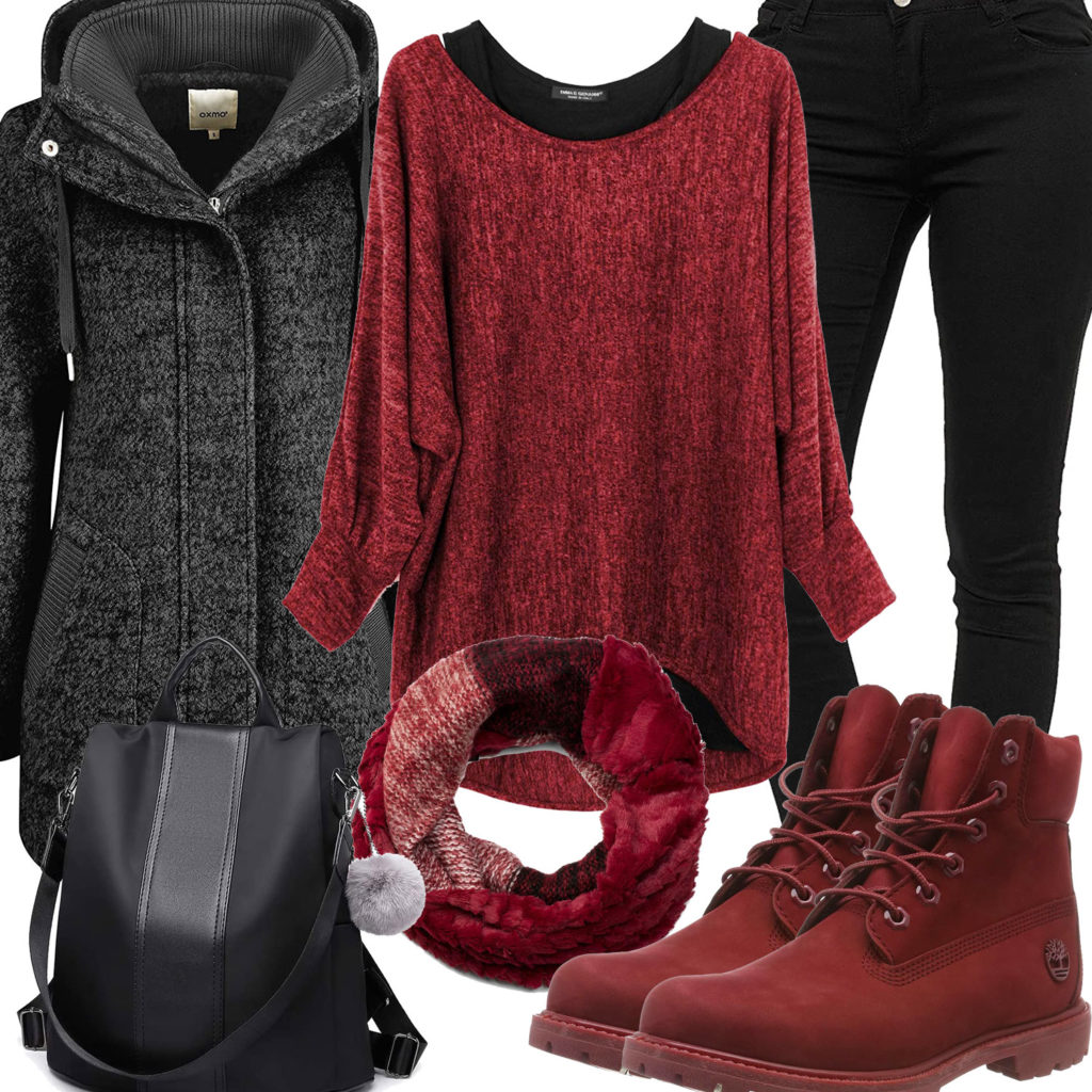 Schwarz-Rotes Frauenoutfit mit Pullover, Schal und Stiefeln