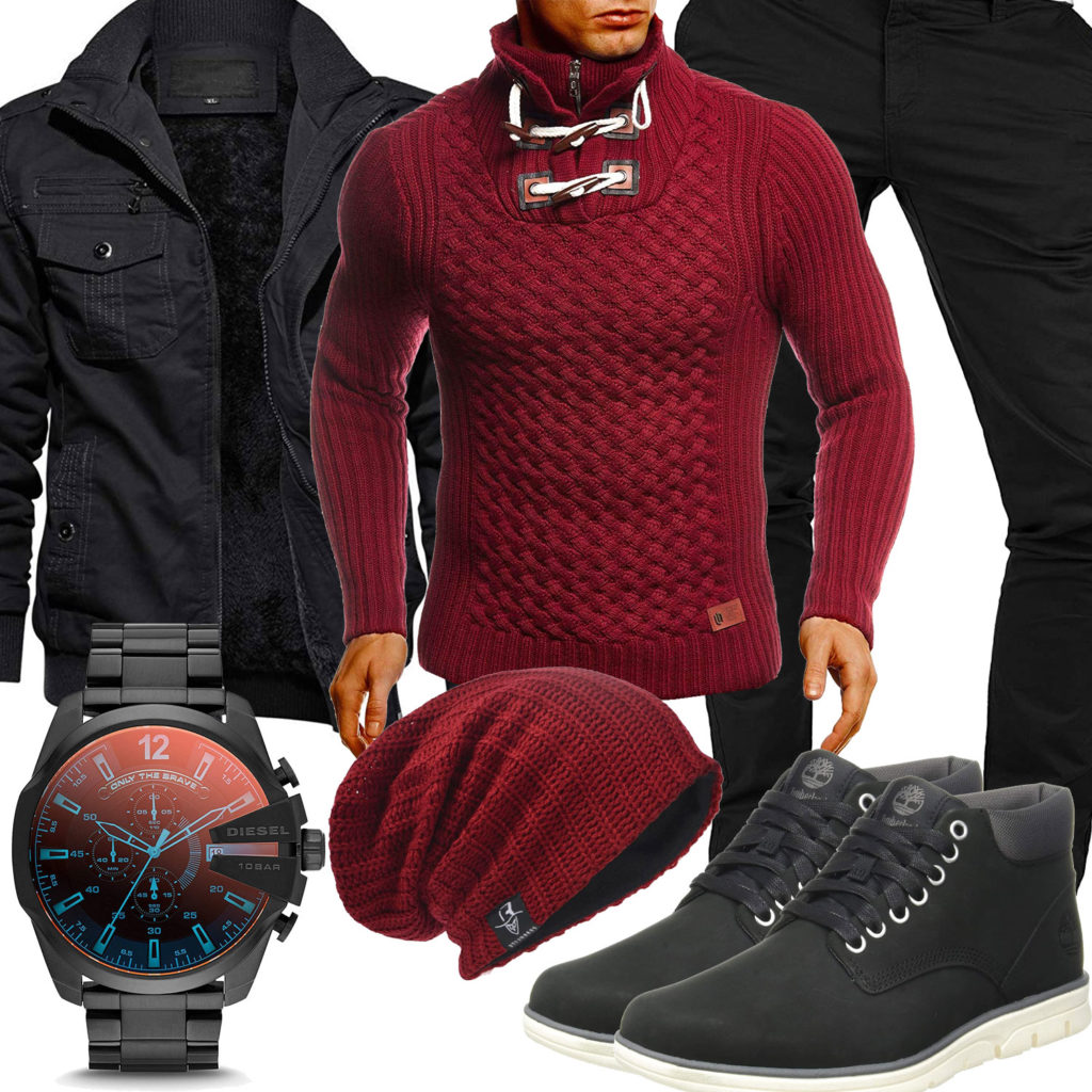 Schwarz-Rotes Herrenoutfit mit Jacke und Pullover