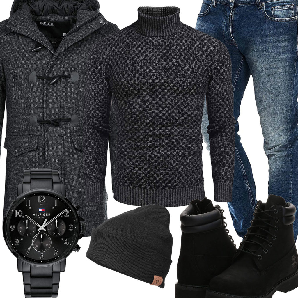 Schwarzes Herrenoutfit mit Mantel und Pullover