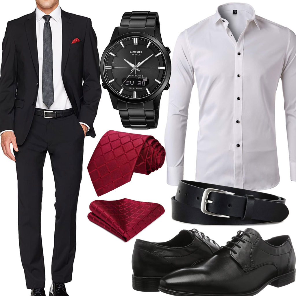 Business-Style mit schwarzem Anzug, Hemd und Schnürschuhen