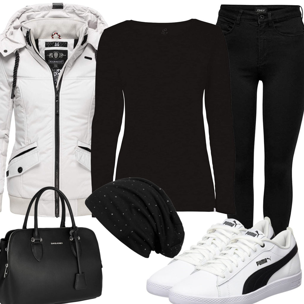 Schwarz-Weißes Frauenoutfit mit Jacke, Longsleeve und Tasche