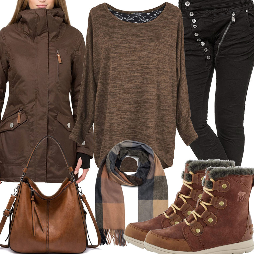 Braun-Schwarzes Frauenoutfit mit Pullover, Jacke und Jeans