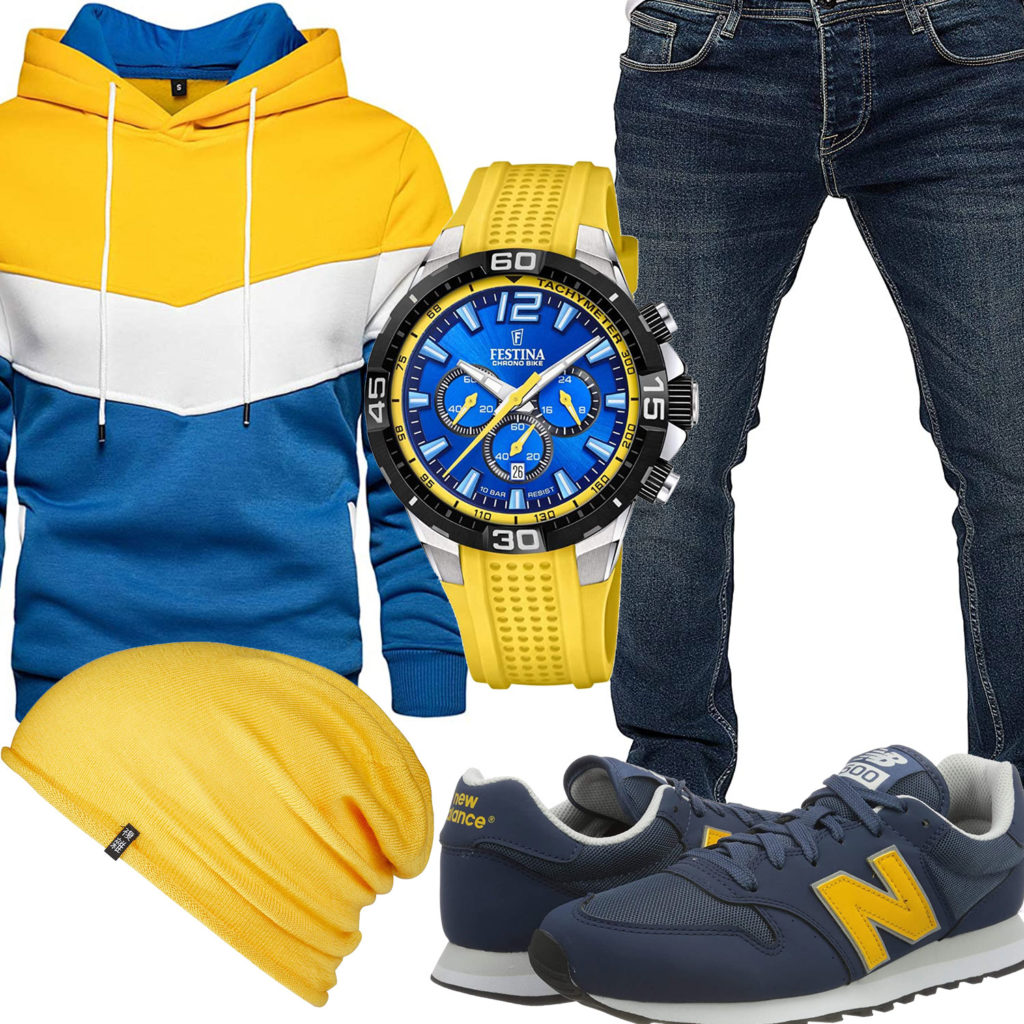 Blau-Gelbes Herrenoutfit mit Hoodie und Sneakern