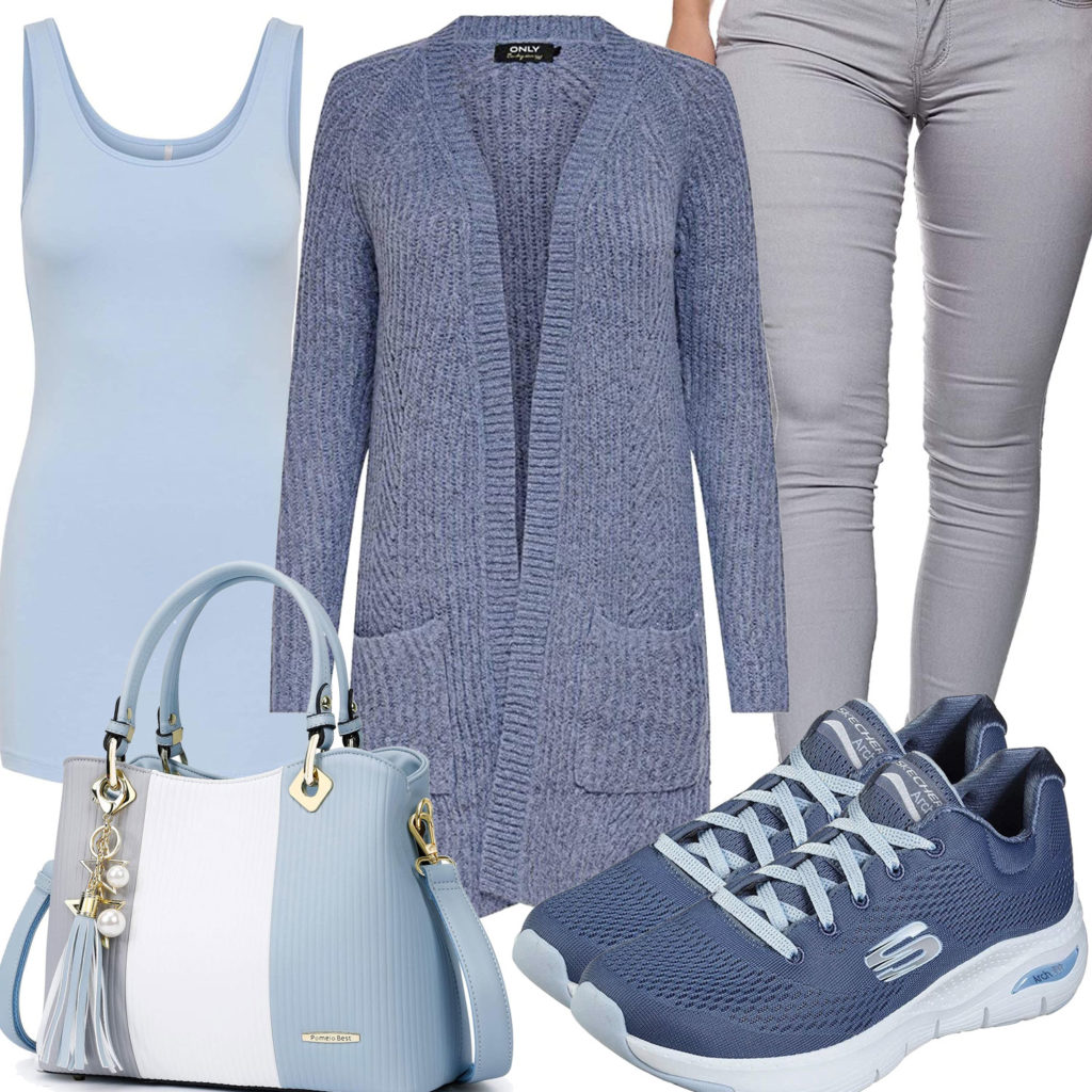 Blau-Graues Frauenoutfit mit Strickjacke und Top