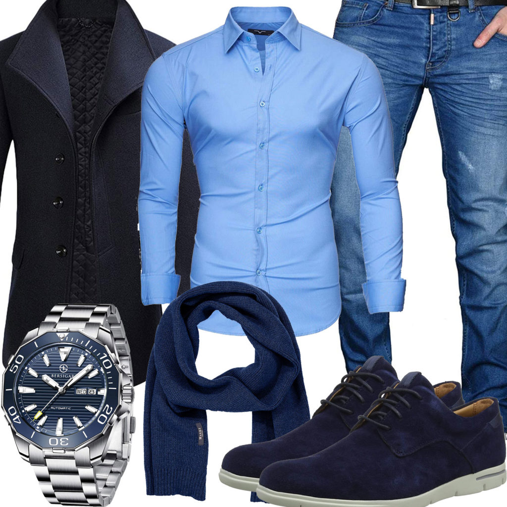 Blaues Herrenoutfit mit Hemd, Jeans und Wollmantel