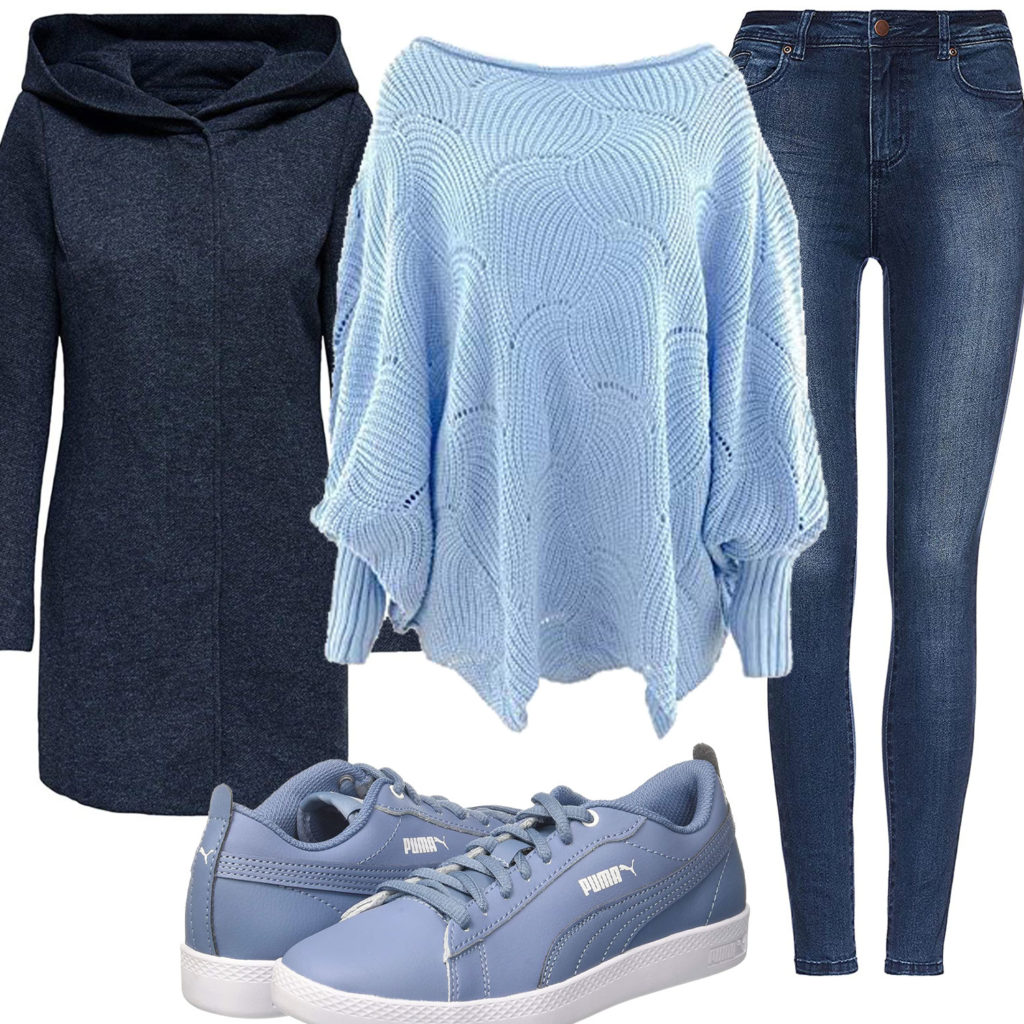 Blaues Frauenoutfit mit Pullover, Mantel und Jeans