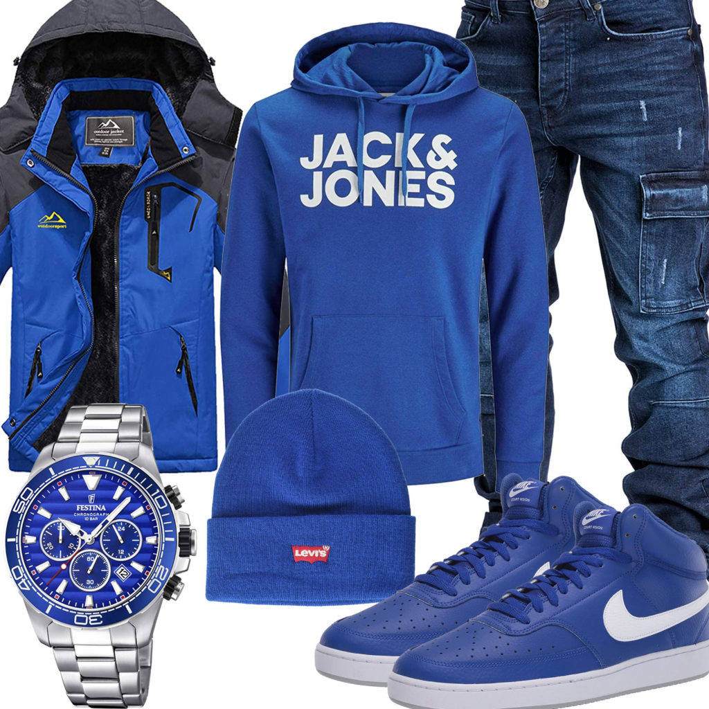 Blaues Herrenoutfit mit Hoodie, Jacke und Nike's