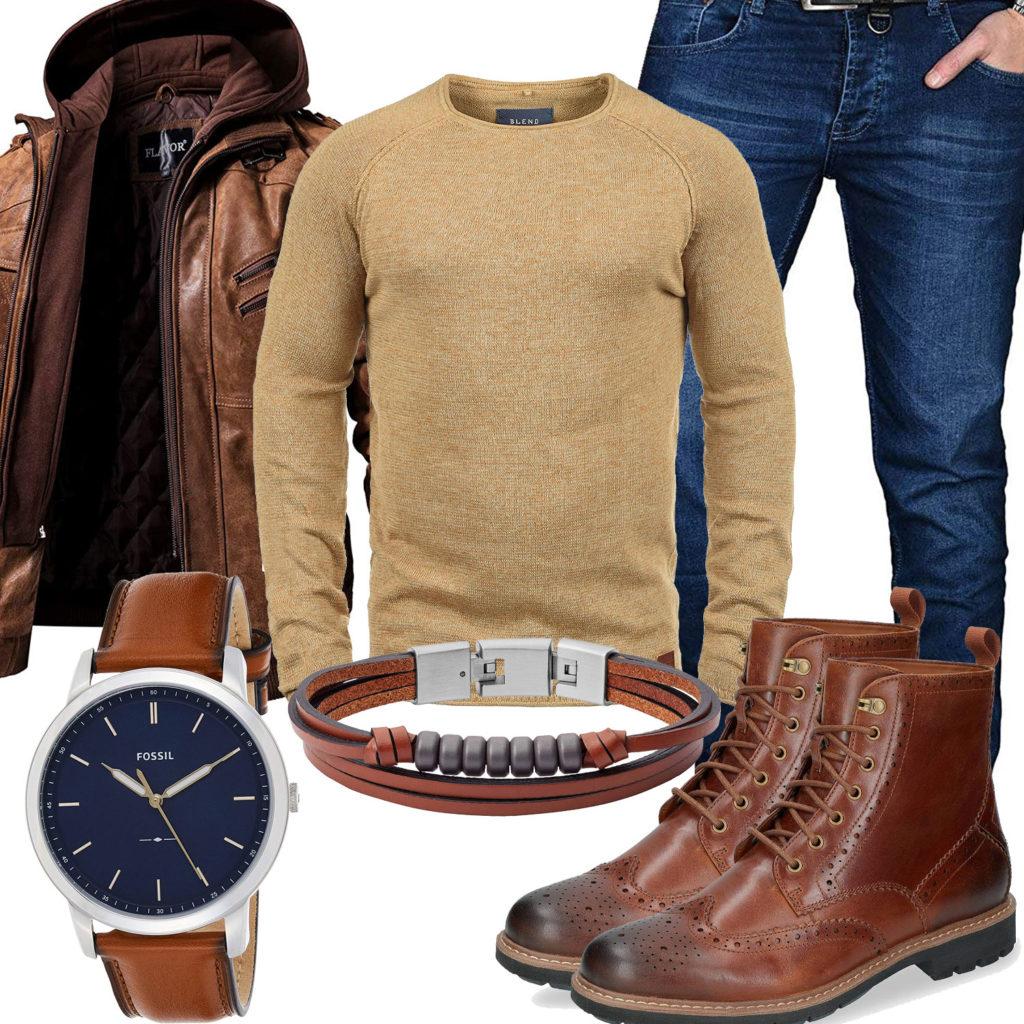 Braunes Herrenoutfit mit Stiefeln, Lederjacke und Armband