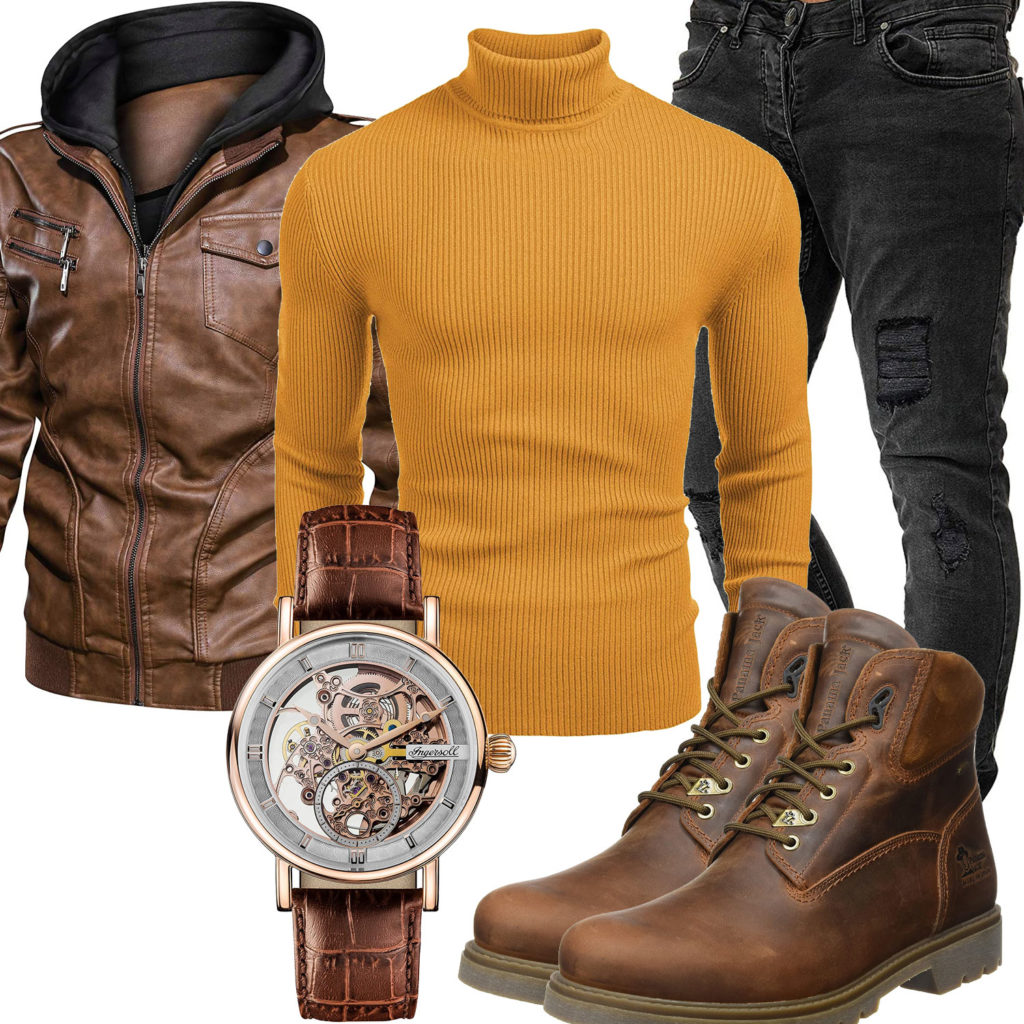 Herrenoutfit mit brauner Lederjacke, Stiefeln und Uhr