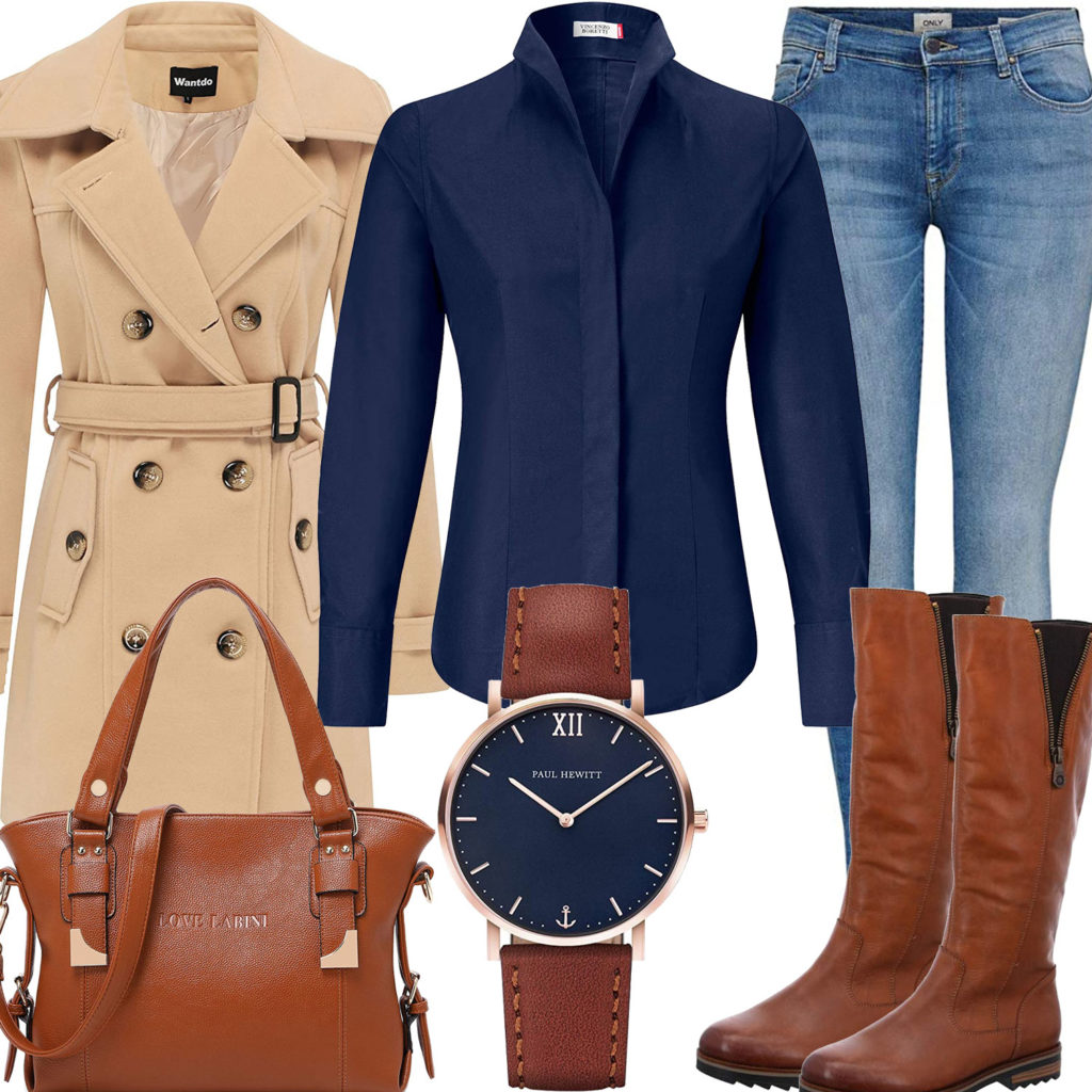 Business-Frauenoutfit mit braunen Stiefeln und Handtasche