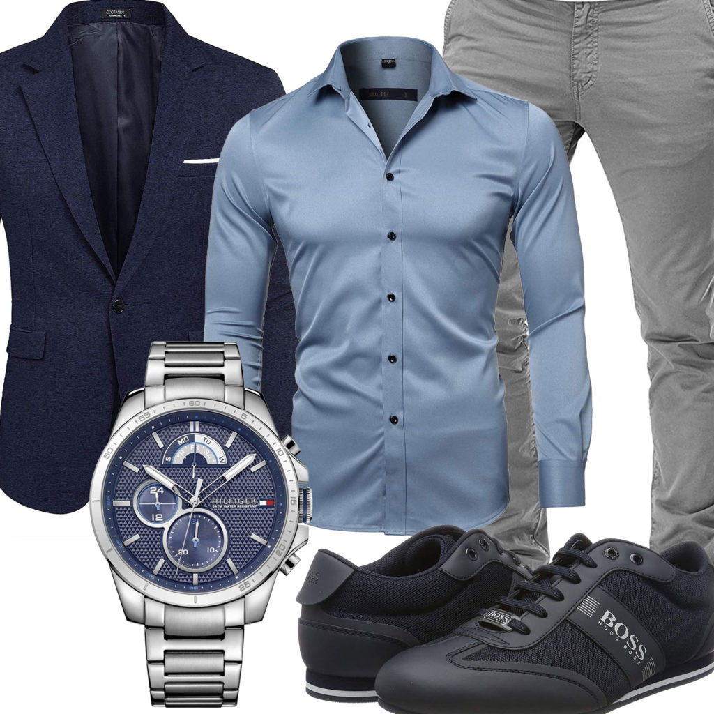 Business-Herrenoutfit mit blauem Hemd, Sakko und Sneakern