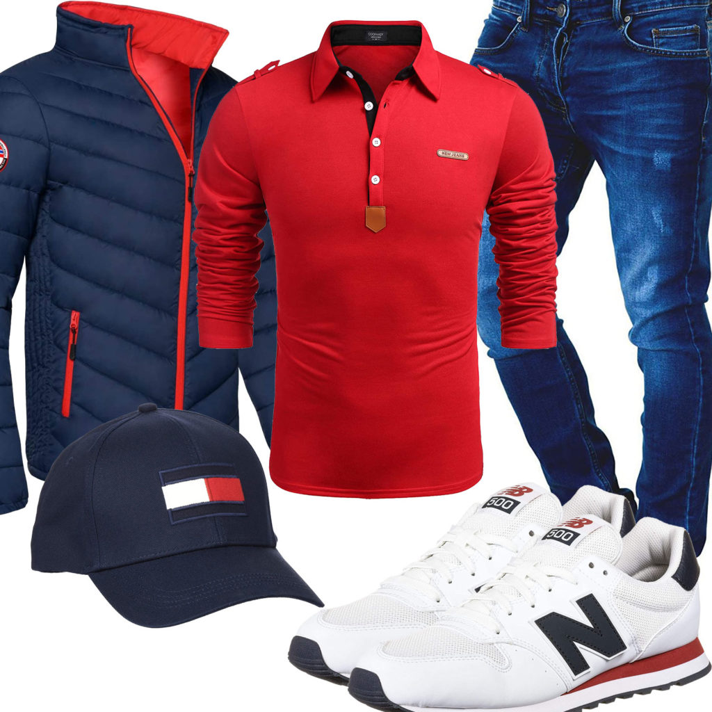 Blau-Rotes Herrenoutfit mit Jeans und Steppjacke