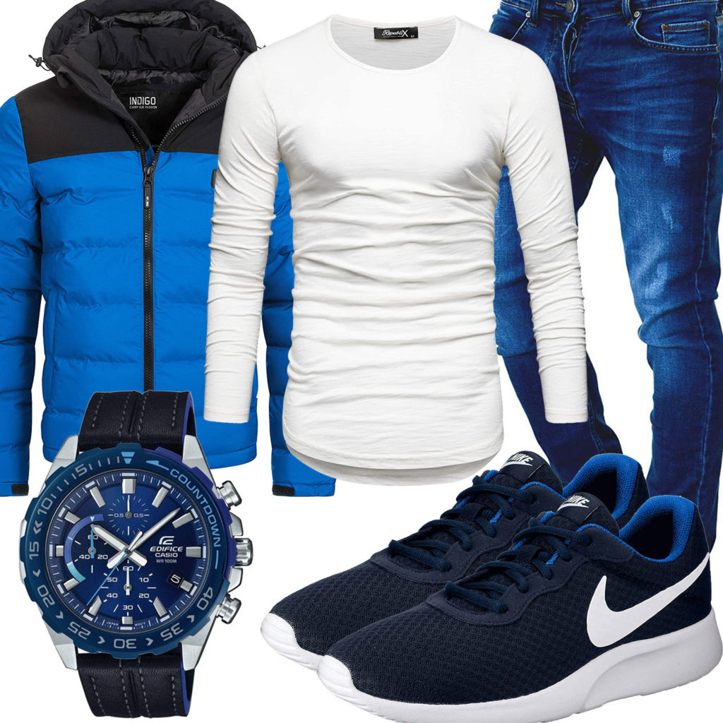 Blaues Herrenoutfit mit Jeans, Nikes und Casio Uhr