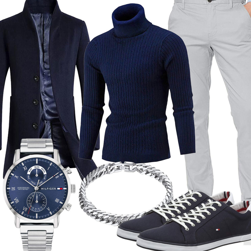 Herren-Style mit dunkelblauem Pullover und Wollmantel