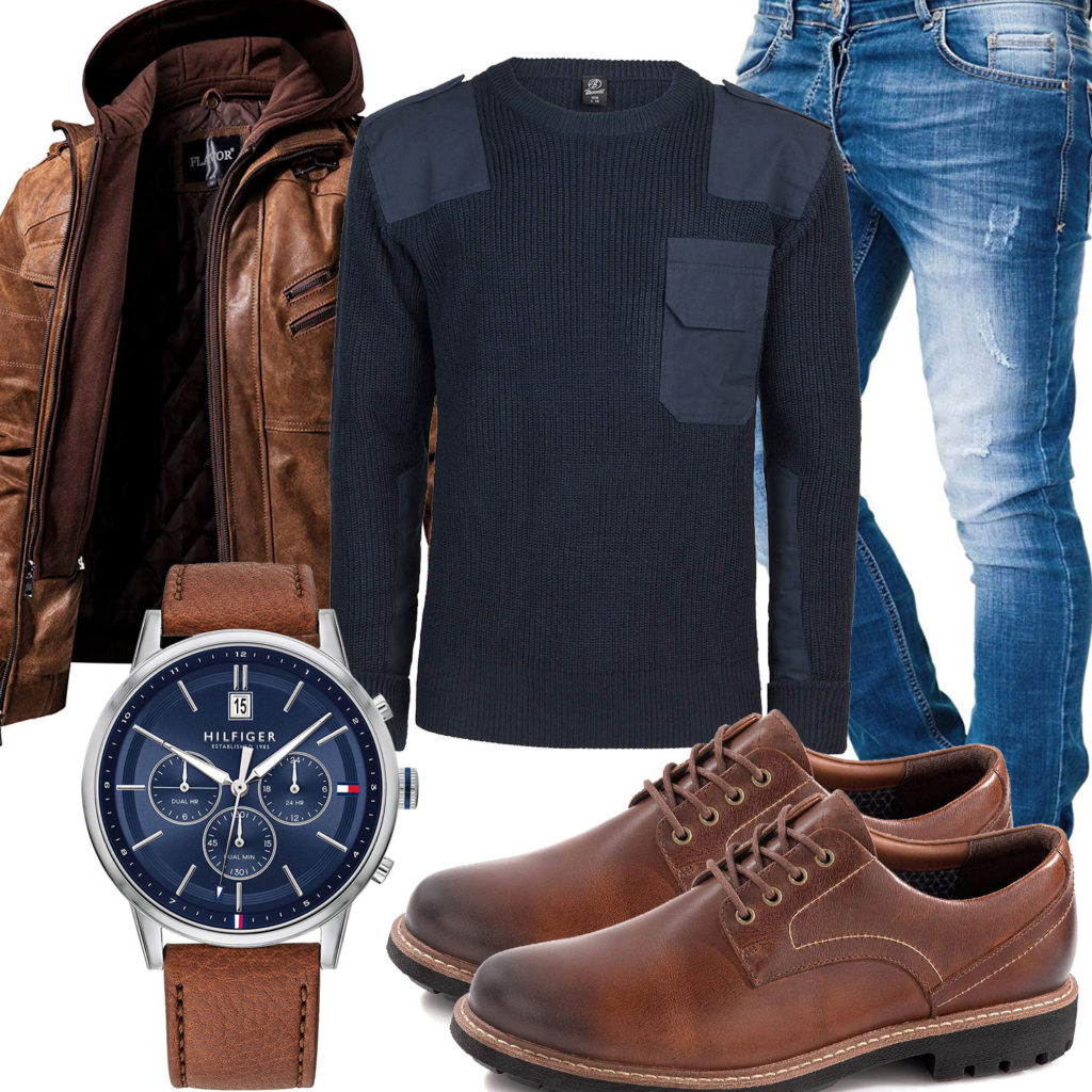 Blau-Braunes Herrenoutfit mit Lederjacke und Jeans