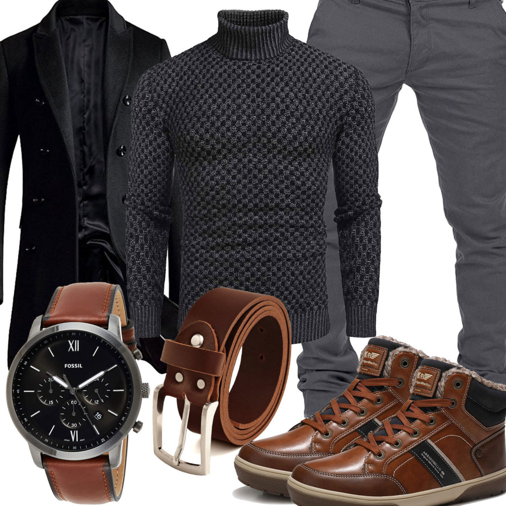 Winter-Herrenoutfit mit braunen Stiefeln, Gürtel und Uhr