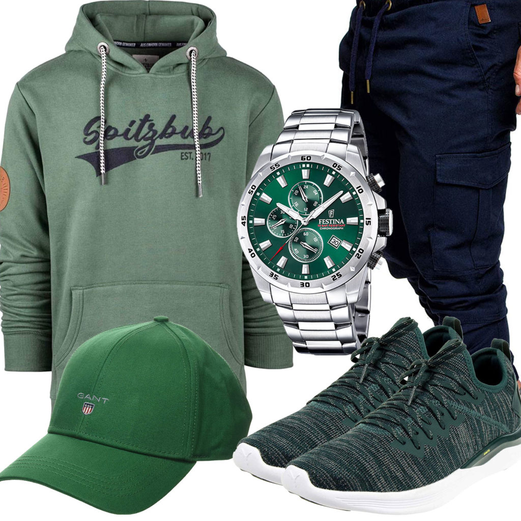 Grünes Herrenoutfit mit Hoodie, Sneakern und Cap