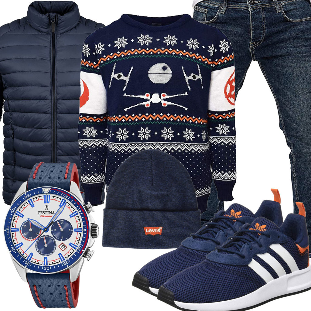 Dunkelblaues Herrenoutfit mit Star Wars X-Wing Pullover