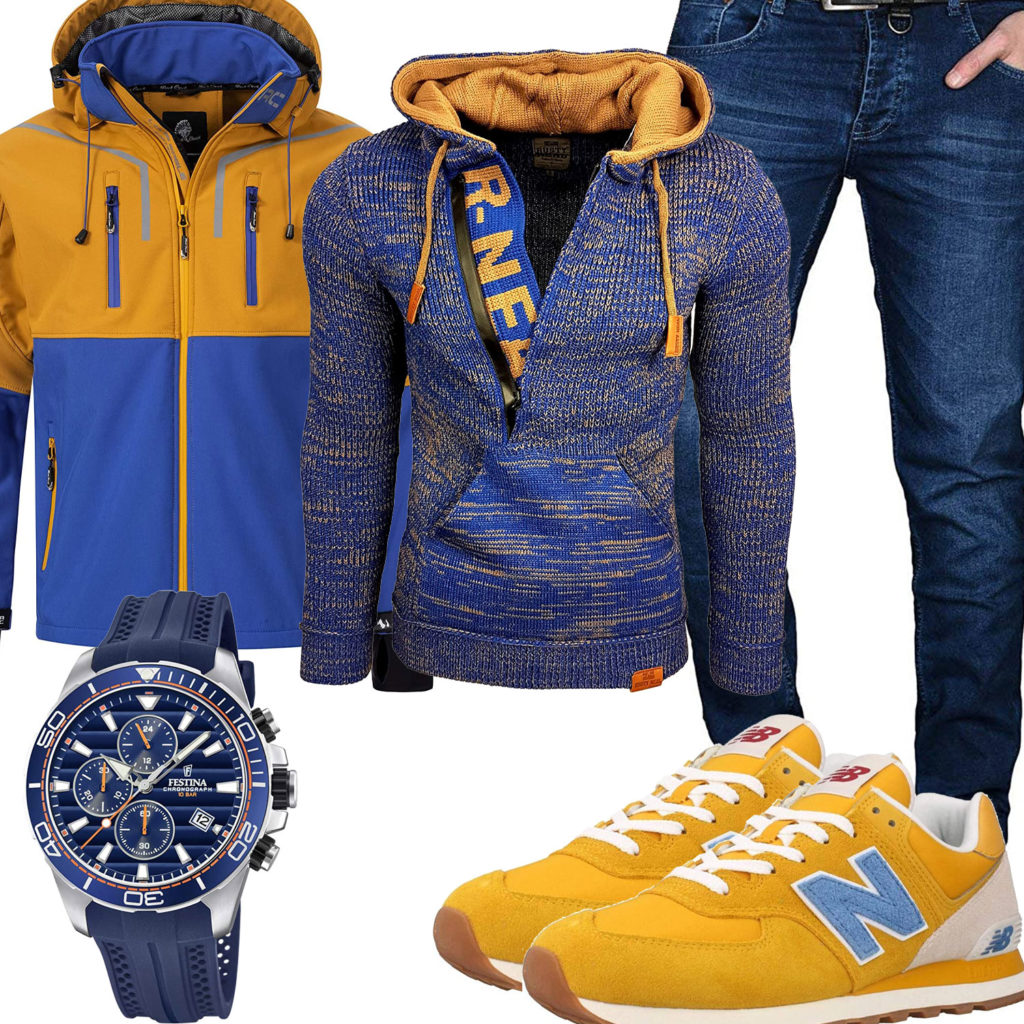 Blau-Gelbes Herrenoutfit mit Softshelljacke, Hoodie und Sneakern