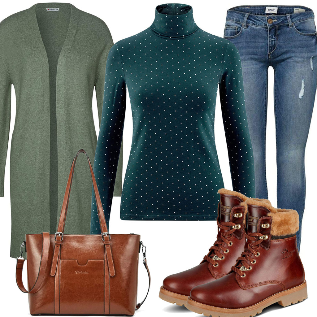 Grün-Braunes Frauenoutfit mit Strickjacke und Stiefeln