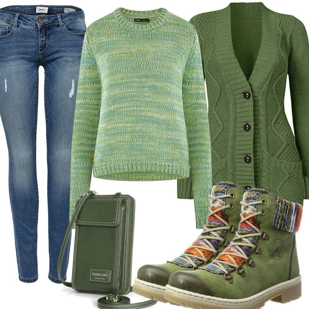 Grünes Frauenoutfit mit Strickjacke und Stiefeln