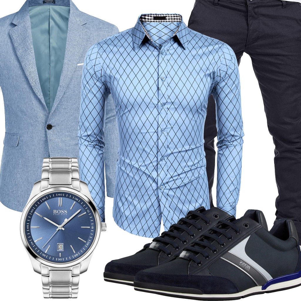 Business-Herrenoutfit mit hellblauem Hemd und Sakko